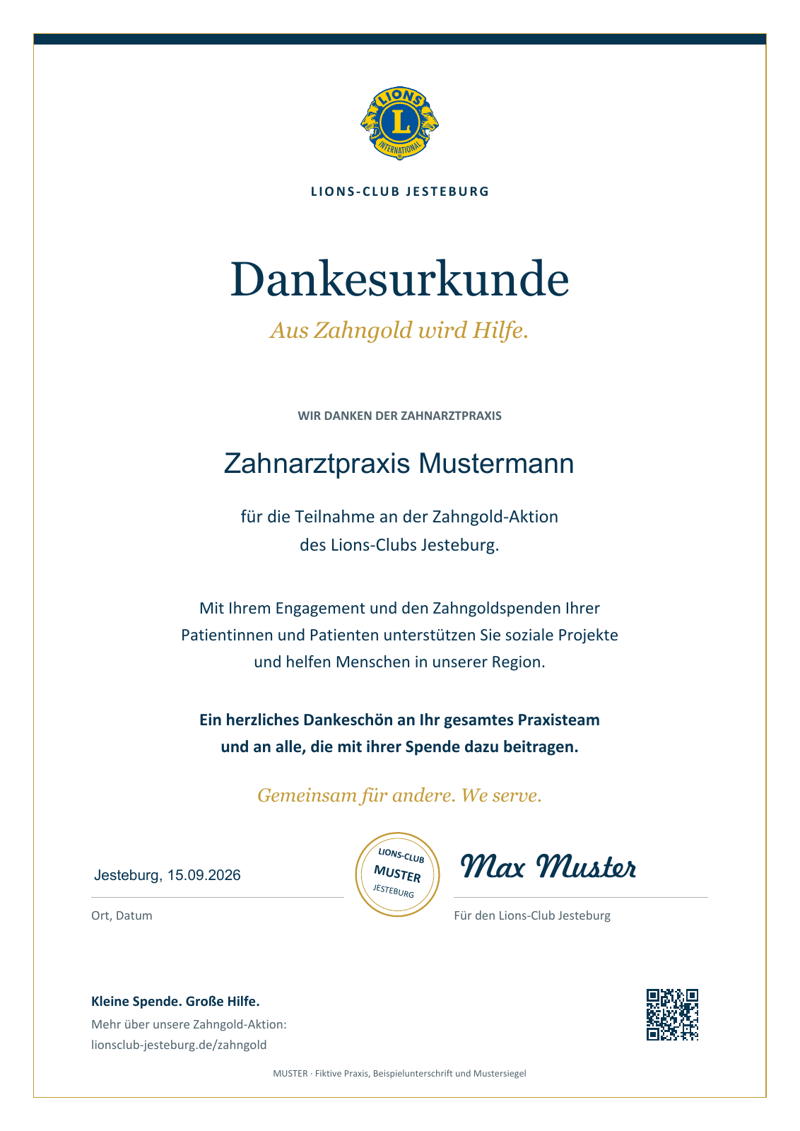 Muster einer Dankesurkunde für die Zahnarztpraxis Mustermann mit Beispielunterschrift und Mustersiegel